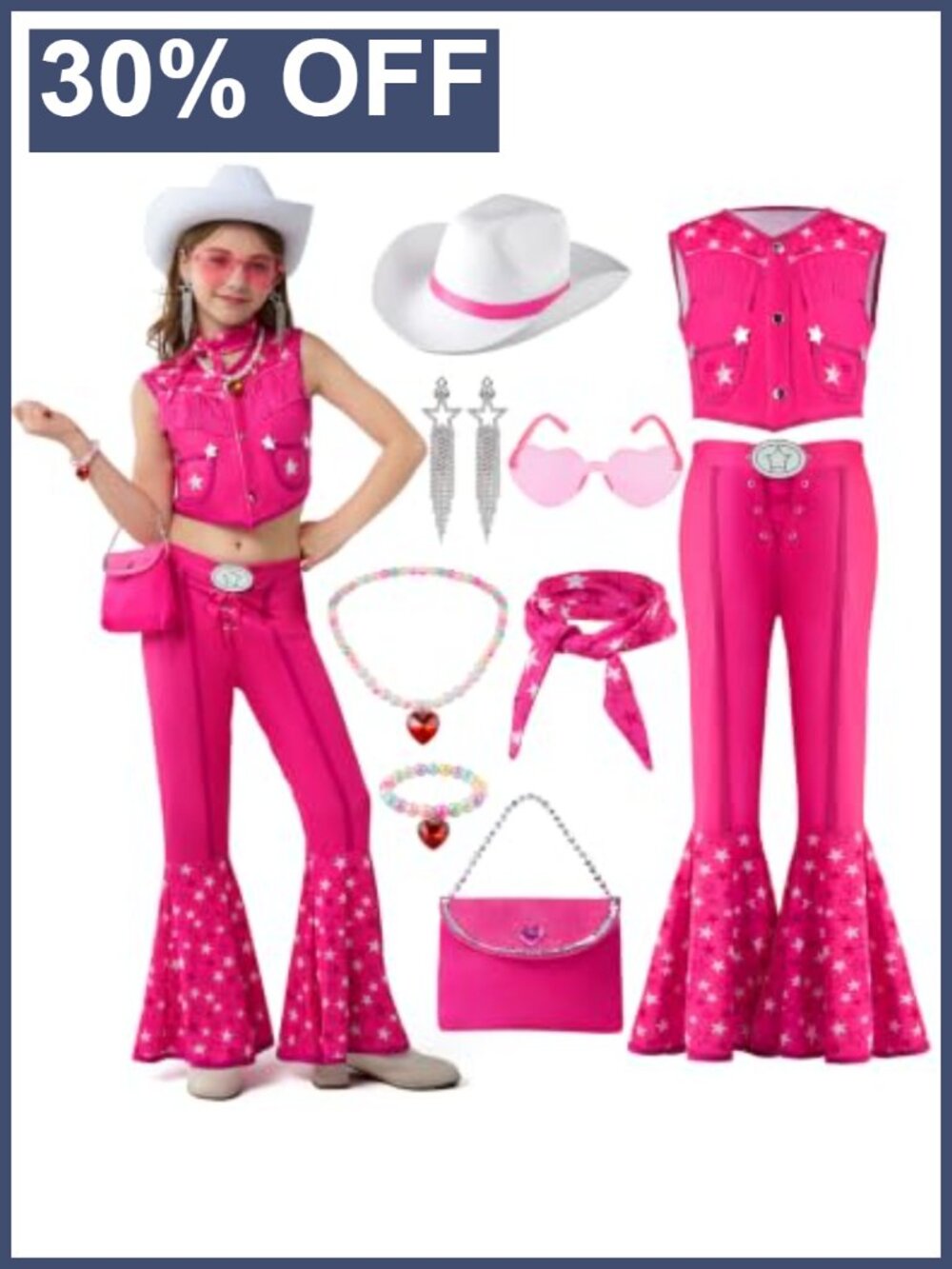 Girls Western Cowgirl Costume 7-Piece Set 70s 80s Disco Halloween